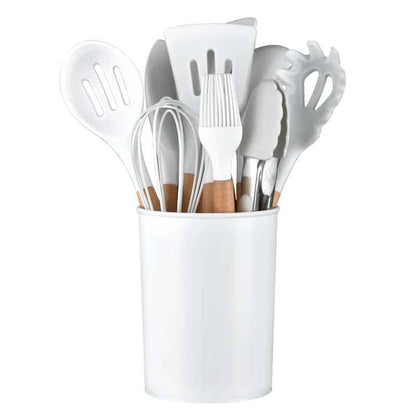 Køkkensæt med 11 dele i træ/silikone inkl. holder (sort eller hvid)