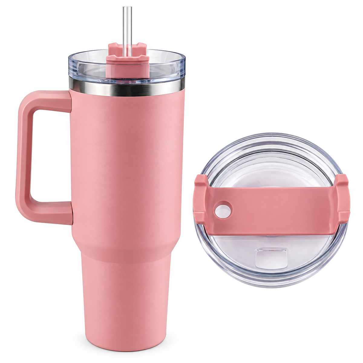 Tumbler termokop 1200 ml med håndtag, låg og sugerør (perfekt til kold/varm drikke)
