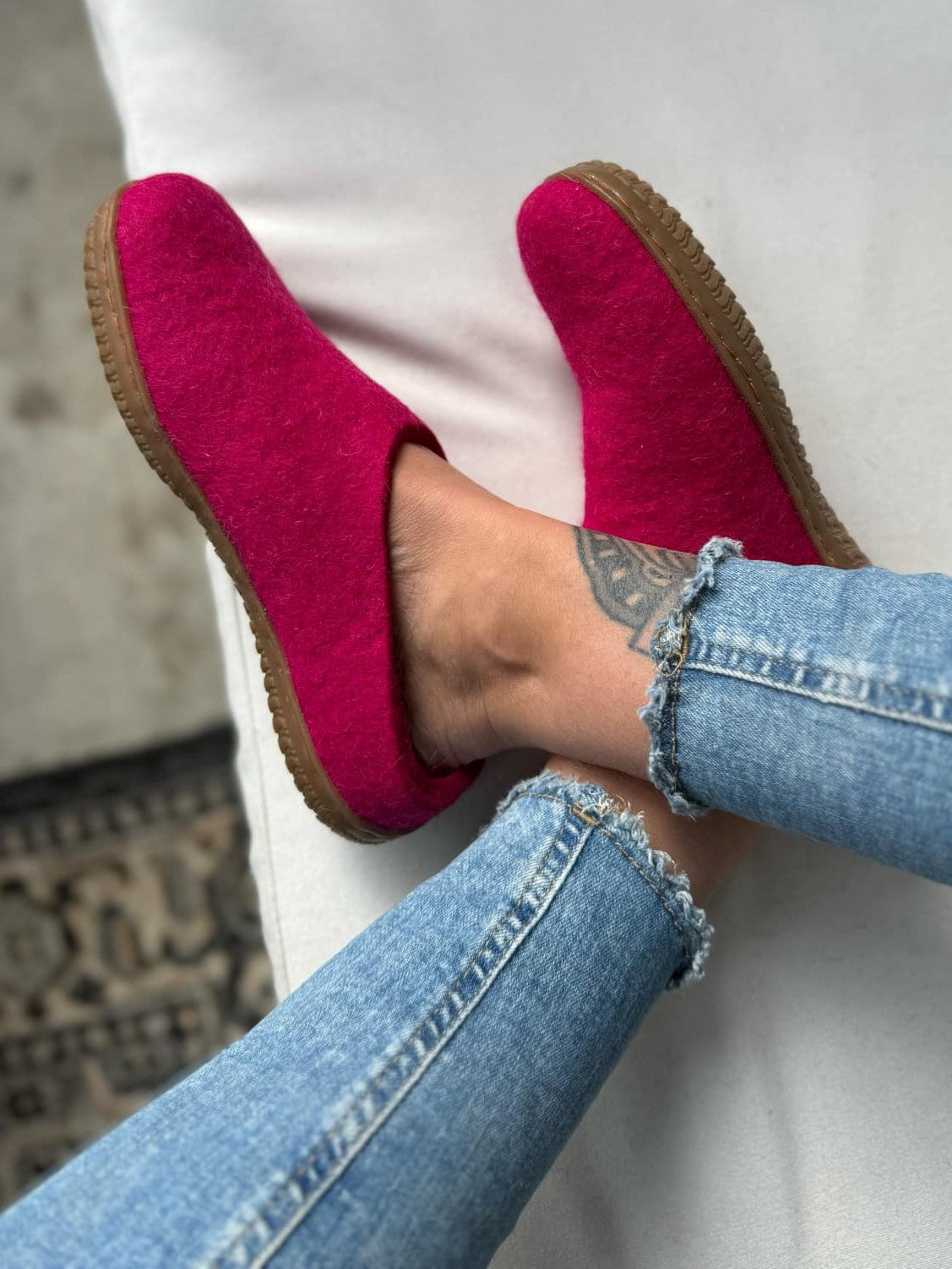 Uldtøffel (100% ren uld) – Model Pink m/Gummisål