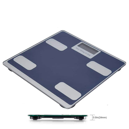 Badevægt der måler BMI, kropvægt, kropsfedt, kropsvæske, muskelmasse m.m. (med hærdet glasplatform)