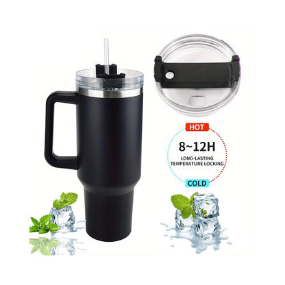 Tumbler termokop 1200 ml med håndtag, låg og sugerør (perfekt til kold/varm drikke)