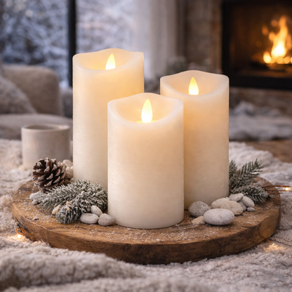 LED blok stearinlys - RUSTIK - 3 stk. - 10/12,5/15 cm - m/3D flamme - (flere farver)