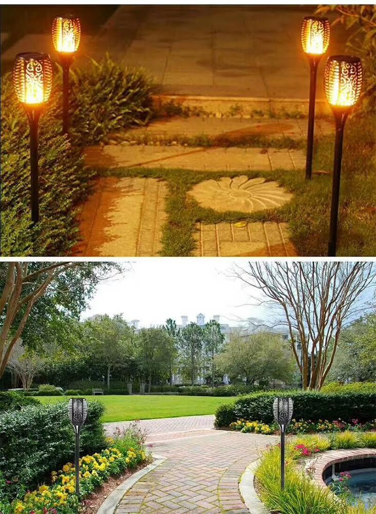 2 stk. flammende LED fakler på spyd med solceller til haven (78 cm.)