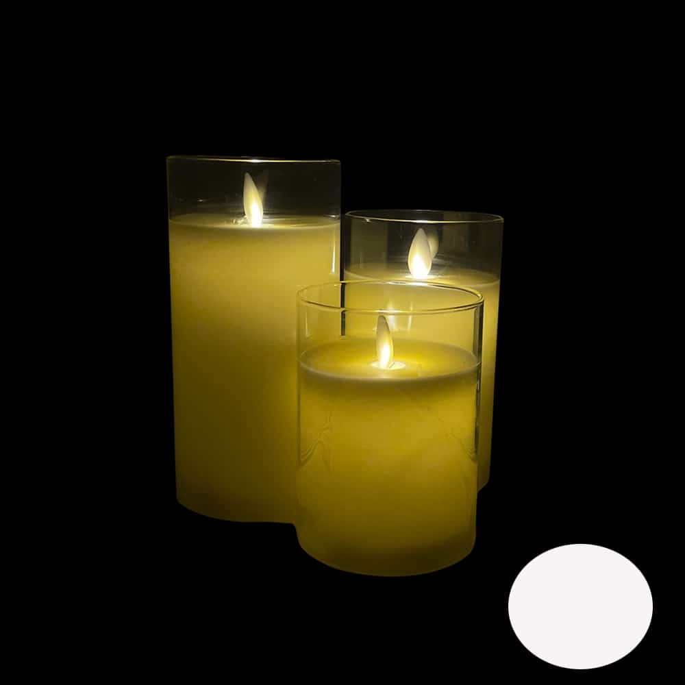 LED stearinlys i glas - 3 stk. - 12/15/17 cm - m/3D flamme - (flere farver)