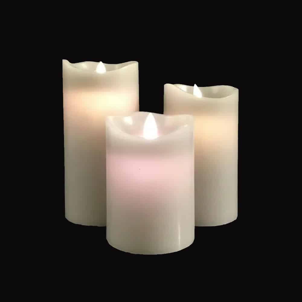 LED blok stearinlys - 3 stk. - 12/15/17 cm - m/3D flamme - (Flere farver)