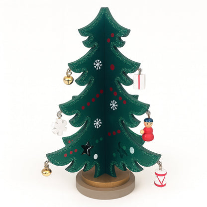 Juletræer i træ – hver med 12 håndmalede figurer, rød eller grøn (Højde 19,5 cm.)