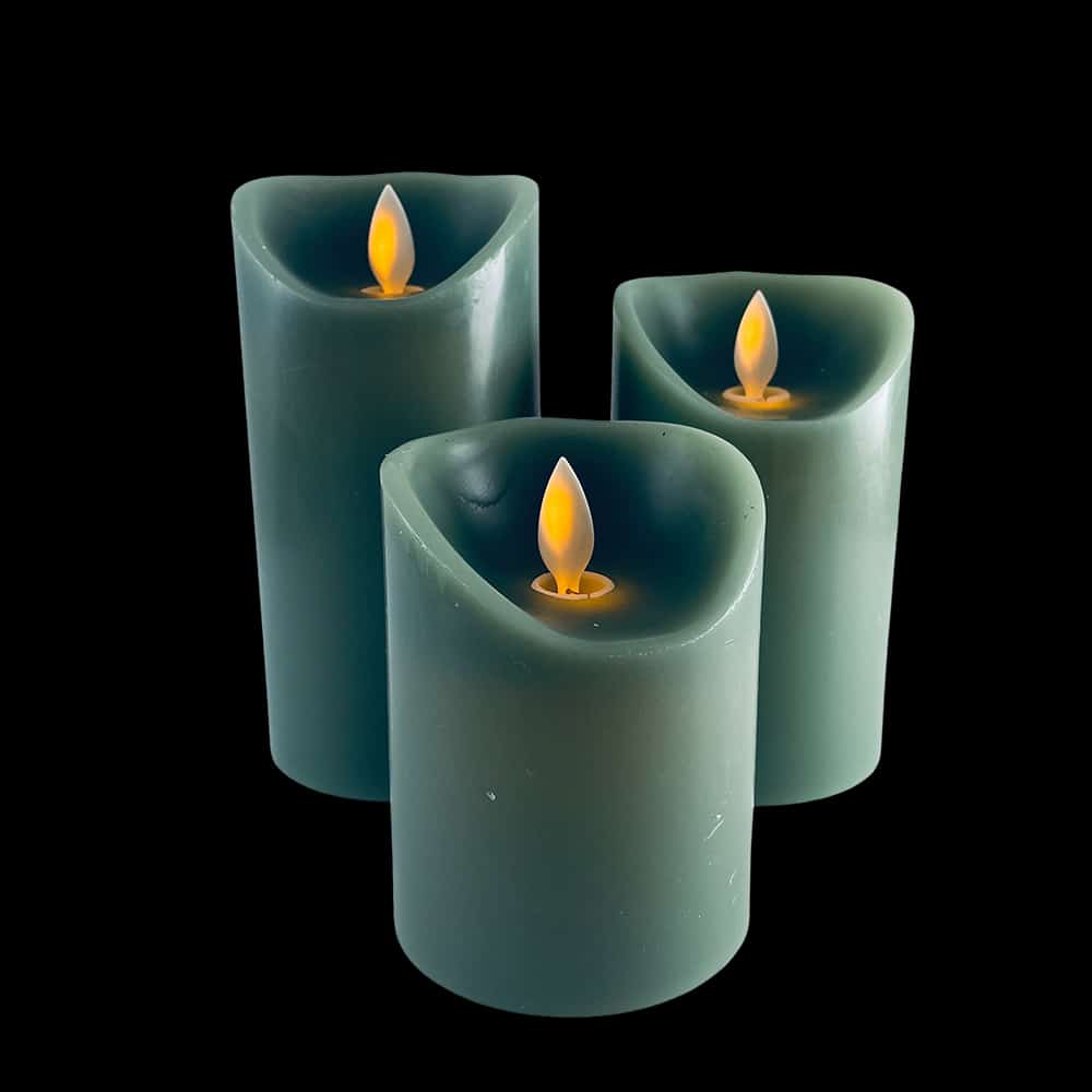 LED blok stearinlys - 3 stk. - 12/15/17 cm - m/3D flamme - (Flere farver)