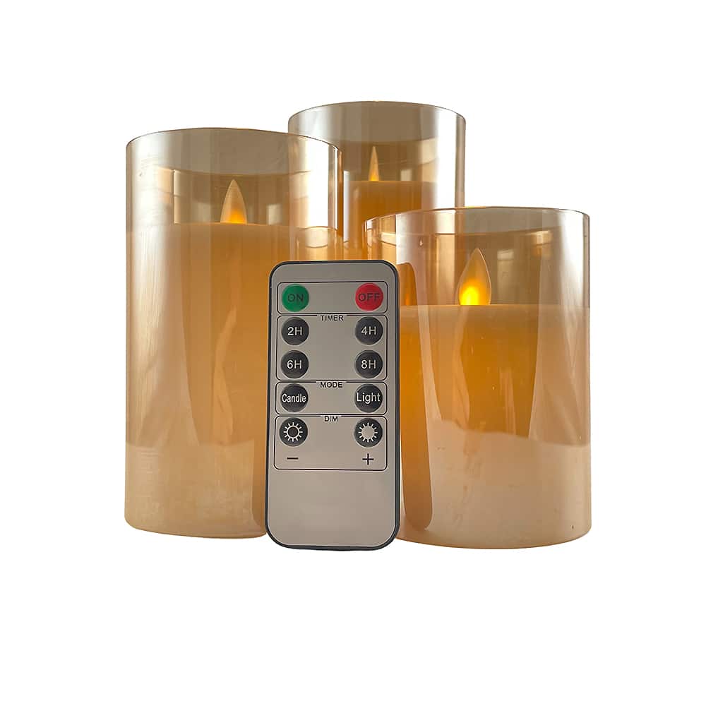 LED stearinlys i glas - 3 stk. - 12/15/17 cm - m/3D flamme - (flere farver)