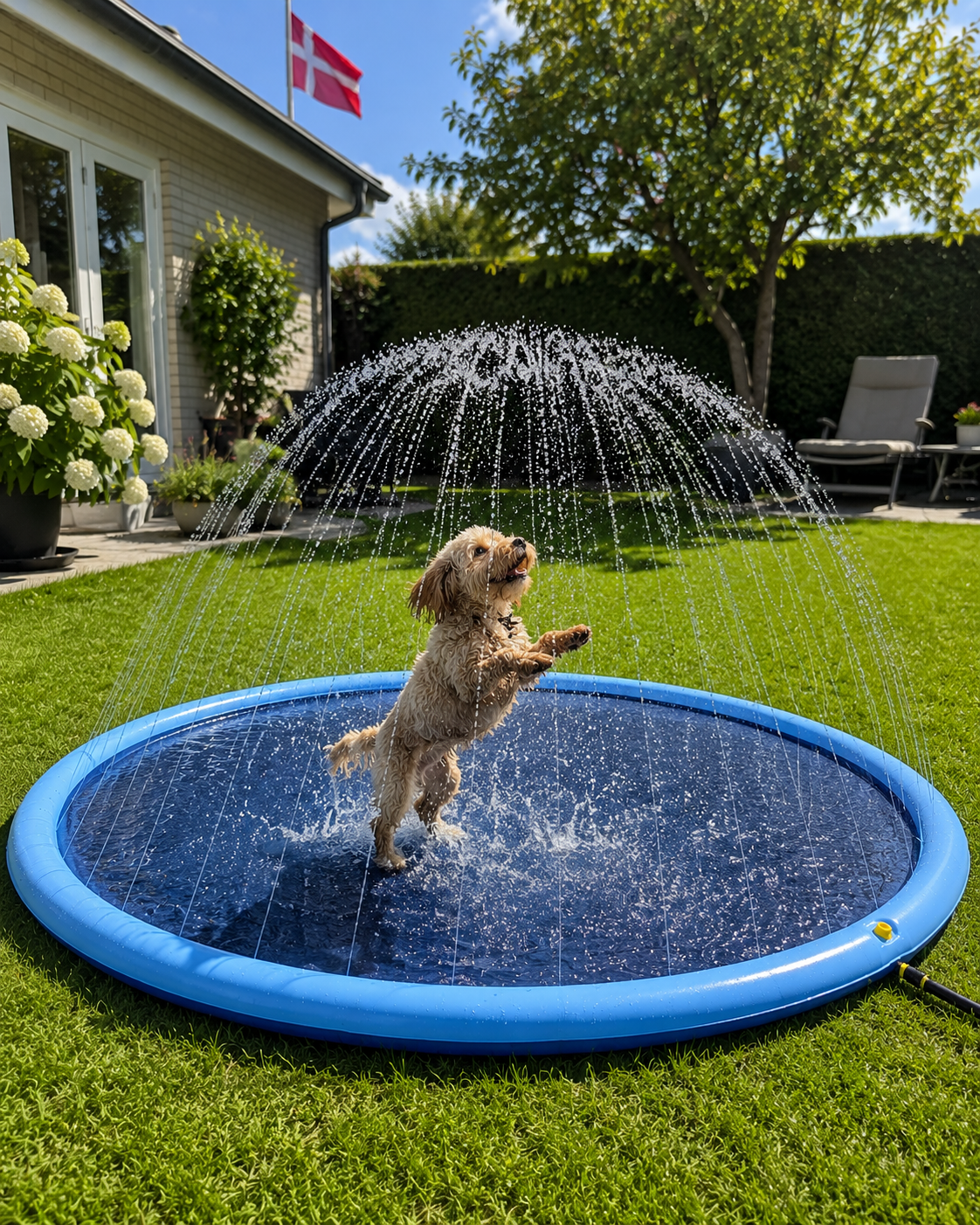 Hundepool med vandsprinkler (fås i størrelser til store og små hunde)