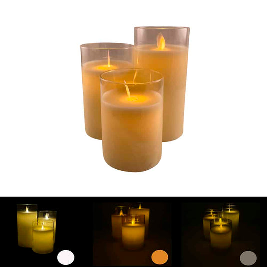 LED stearinlys i glas - 3 stk. - 12/15/17 cm - m/3D flamme - (flere farver)