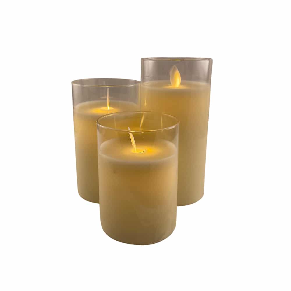 LED stearinlys i glas - 3 stk. - 12/15/17 cm - m/3D flamme - (flere farver)