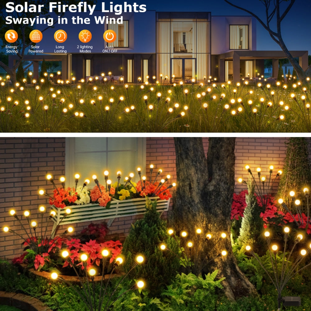 Ildfluelys til haven (2-pak) – Solcellelamper på spyd, 70 cm, 6 LED