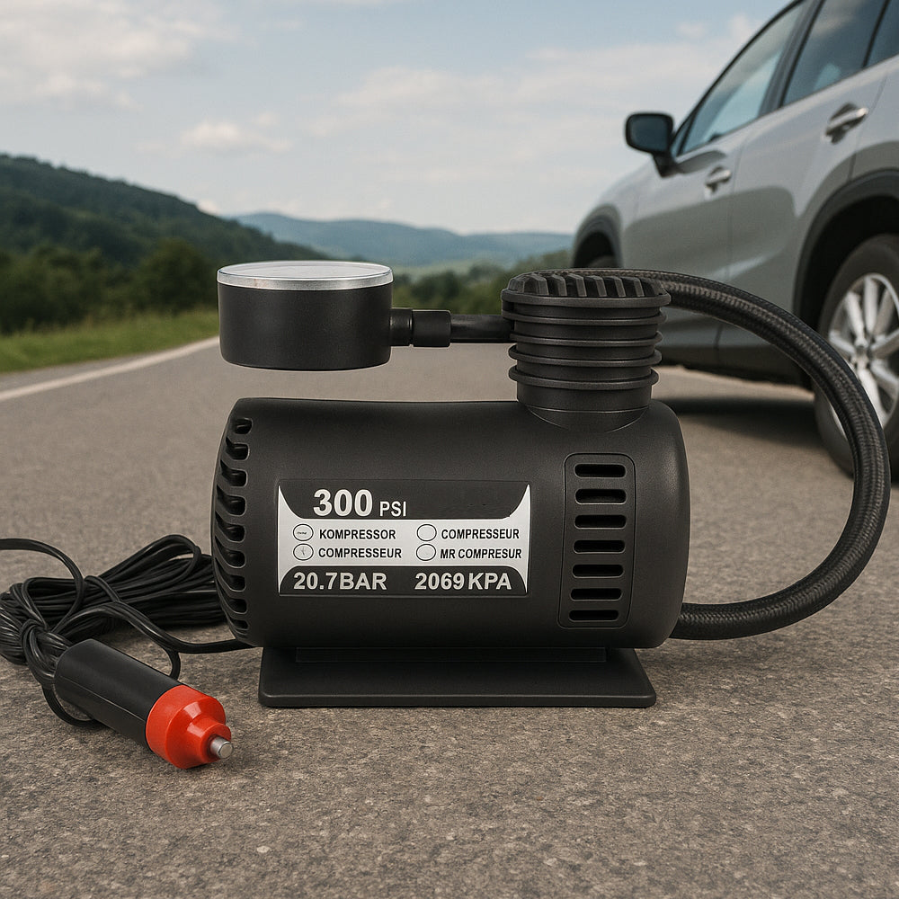 Kraftfuld 300 PSI (20,7 bar)12 volt kompressor – perfekt til bil, cykel, bold mv.