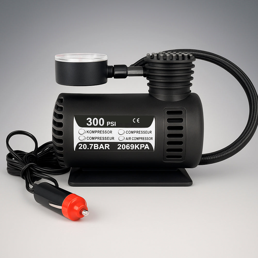 Kraftfuld 300 PSI (20,7 bar)12 volt kompressor – perfekt til bil, cykel, bold mv.