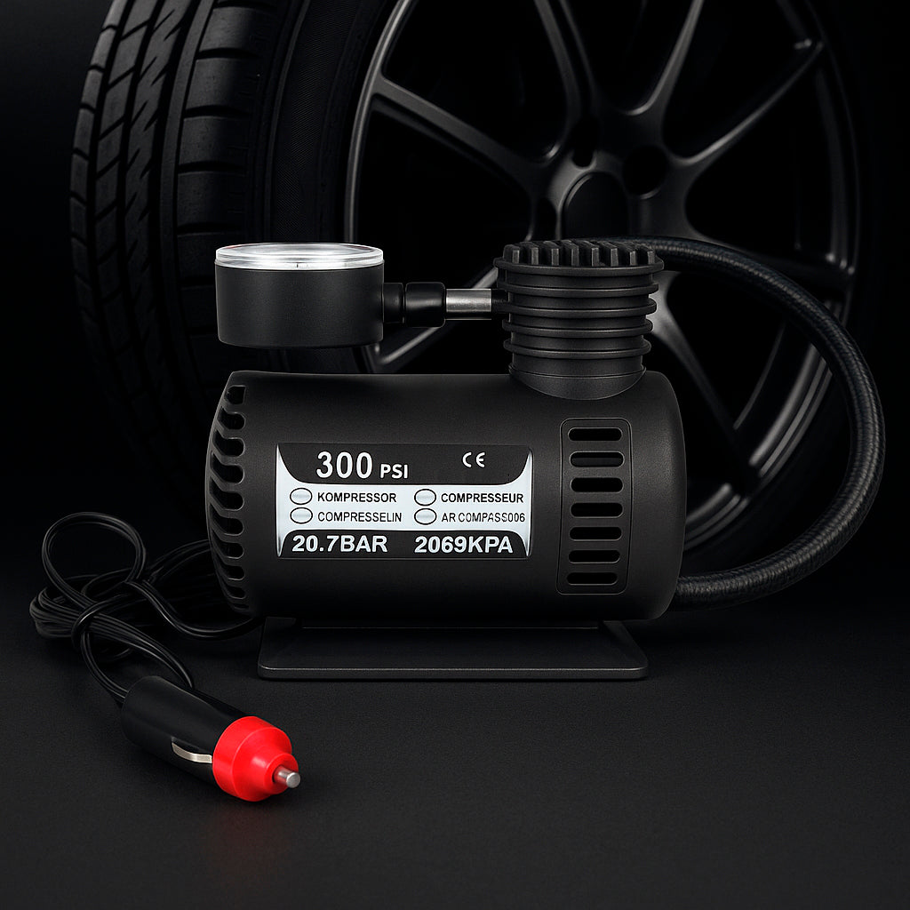 Kraftfuld 300 PSI (20,7 bar)12 volt kompressor – perfekt til bil, cykel, bold mv.