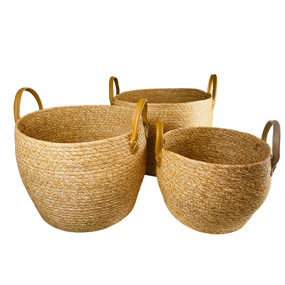 Fletkurve 3 stk. i søgræs med kunstlæder håndtag (diameter 31, 28 og 25 cm)