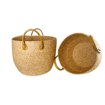 Fletkurve 3 stk. i søgræs med kunstlæder håndtag (diameter 31, 28 og 25 cm)