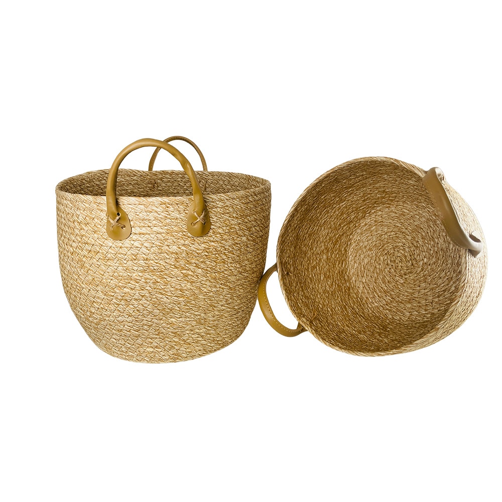 Fletkurve 3 stk. i søgræs med kunstlæder håndtag (diameter 31, 28 og 25 cm)