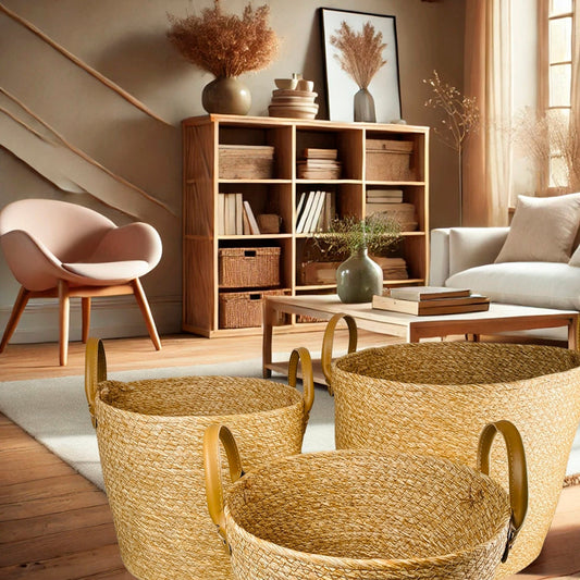 Fletkurve 3 stk. i søgræs med kunstlæder håndtag (diameter 31, 28 og 25 cm)