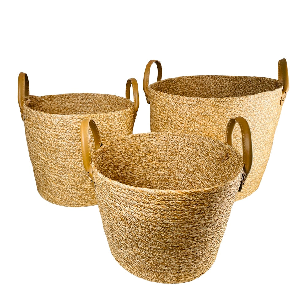 Fletkurve 3 stk. i søgræs med kunstlæder håndtag (diameter 31, 28 og 25 cm)