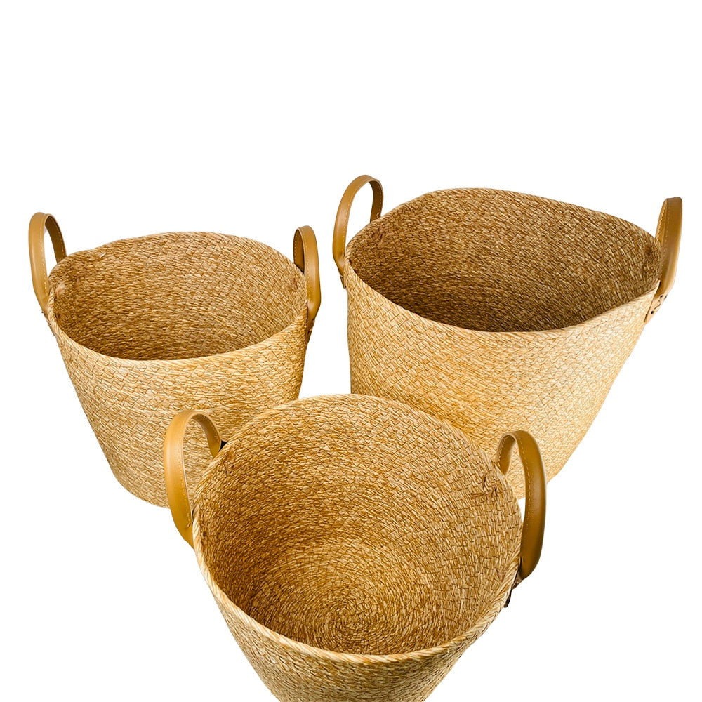 Fletkurve 3 stk. i søgræs med kunstlæder håndtag (diameter 31, 28 og 25 cm)