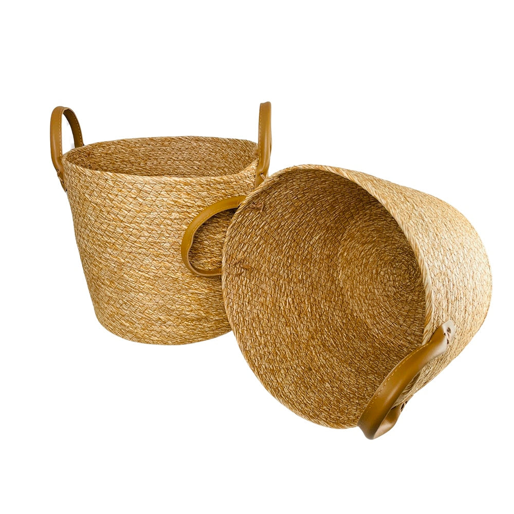 Fletkurve 3 stk. i søgræs med kunstlæder håndtag (diameter 31, 28 og 25 cm)