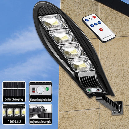 LED Gadebelysning 80W - 168LED m/PIR (infrarød bevægelsessensor) inkl. fjernbetjening - solcelledrevet lys -