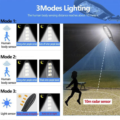 LED Gadebelysning 80W - 168LED m/PIR (infrarød bevægelsessensor) inkl. fjernbetjening - solcelledrevet lys -