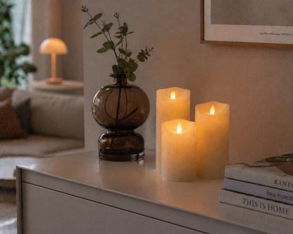 LED blok stearinlys - RUSTIK - 3 stk. - 10/12,5/15 cm - m/3D flamme - (flere farver)