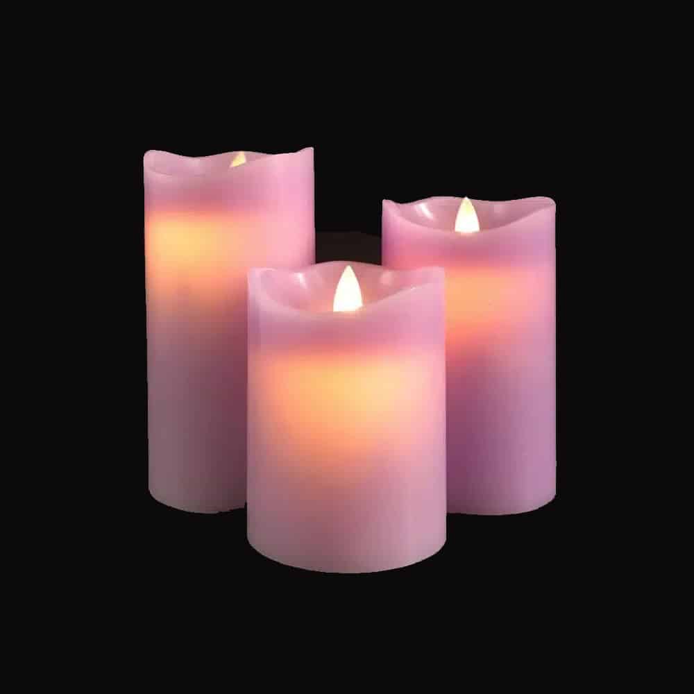 LED blok stearinlys - 3 stk. - 12/15/17 cm - m/3D flamme - (Flere farver)