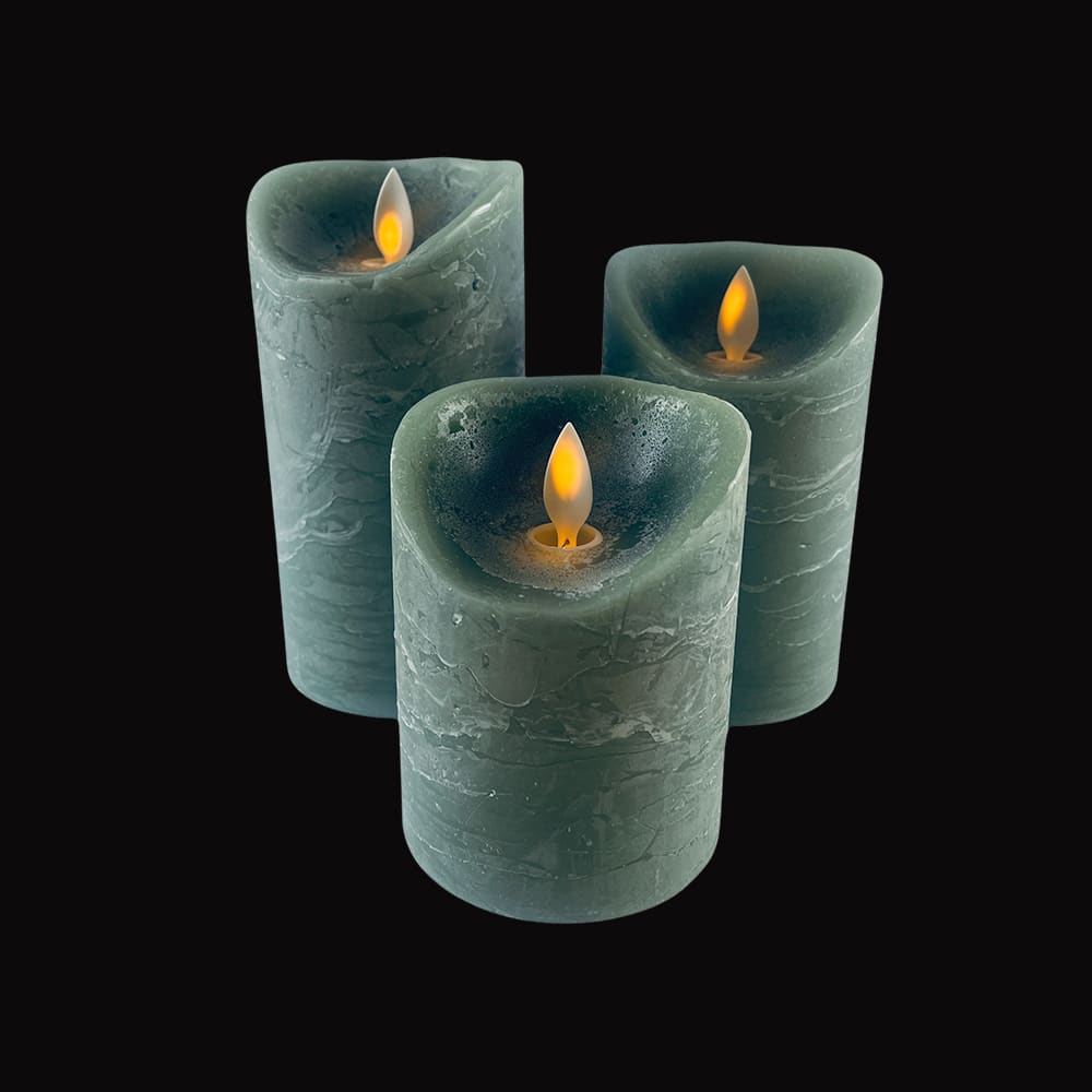 LED blok stearinlys - RUSTIK - 3 stk. - 10/12,5/15 cm - m/3D flamme - (flere farver)