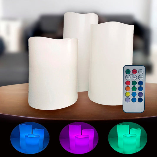 LED stearinlys - 3 stk. - 15/12/10 cm - m/fjernbetjening - 12 forskellige farver