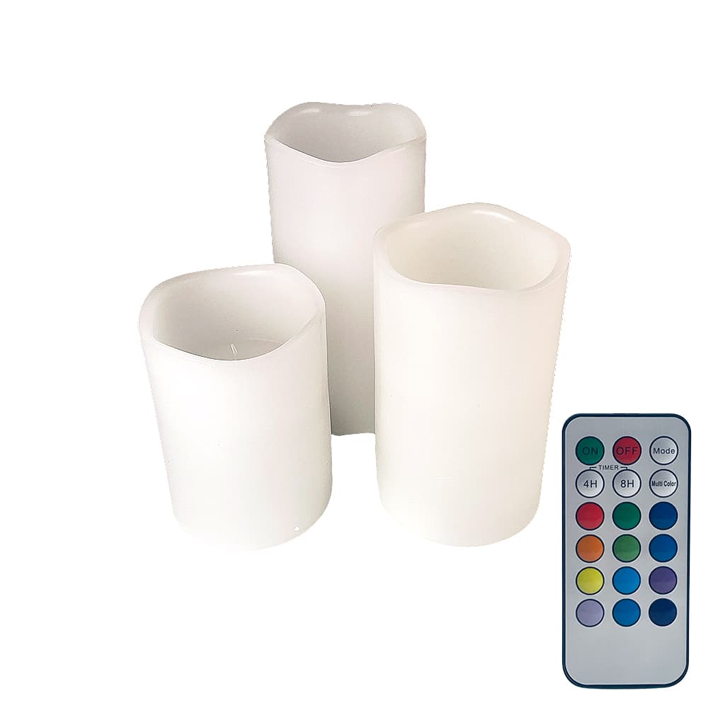 LED stearinlys - 3 stk. - 15/12/10 cm - m/fjernbetjening - 12 forskellige farver