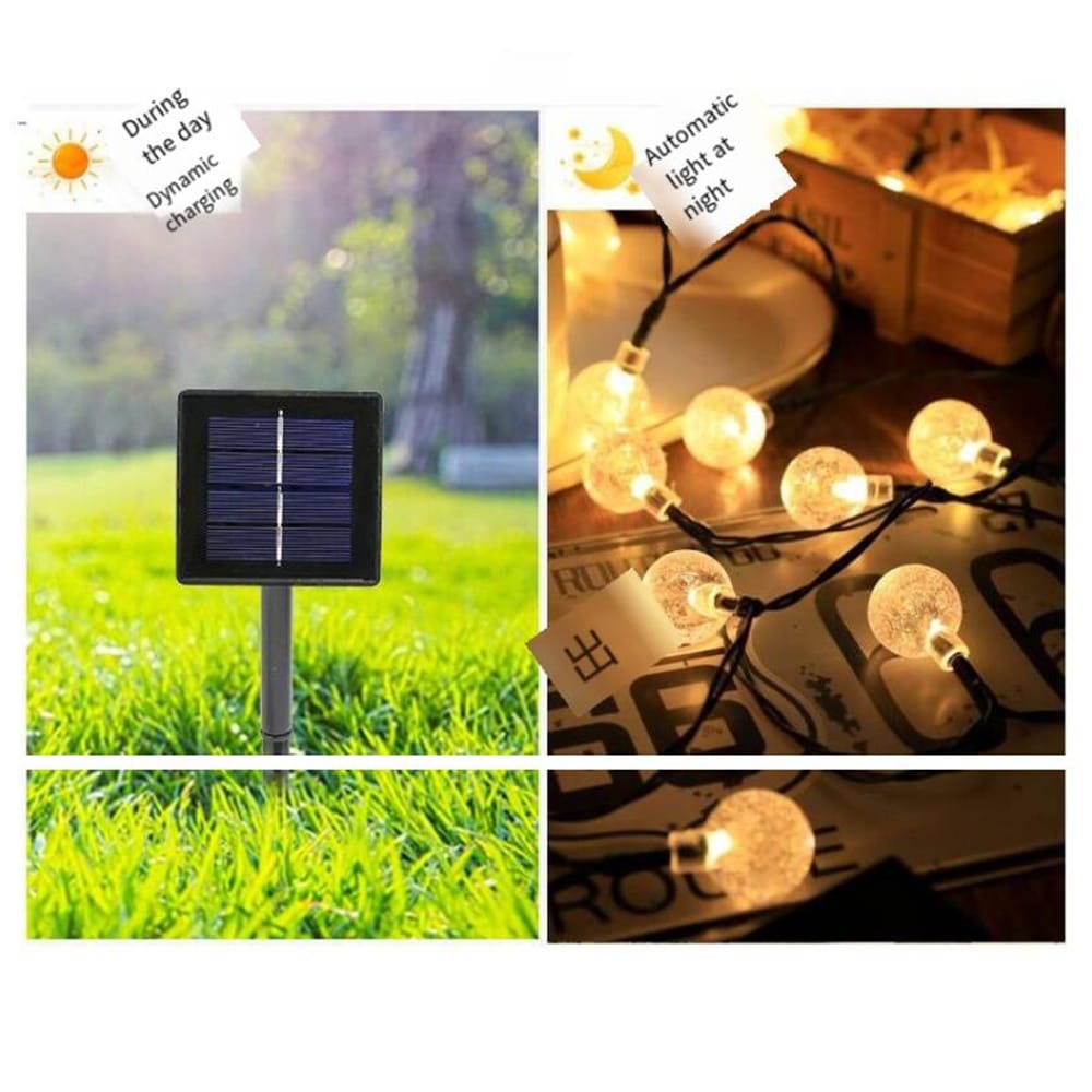 Lyskæde m/30 kugler - oplades via solcellepanel for opladning