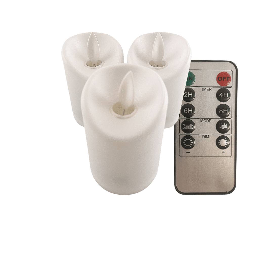 LED lys i plastik - 3 stk. - 7 cm - m/3D flamme og fjernbetjening - hvid