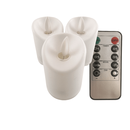 LED lys i plastik - 3 stk. - 7 cm - m/3D flamme og fjernbetjening - hvid