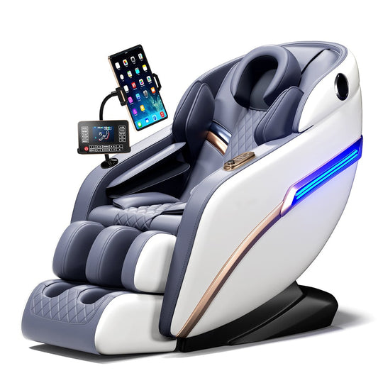 en massagestol med holder til ipad eller tablet.