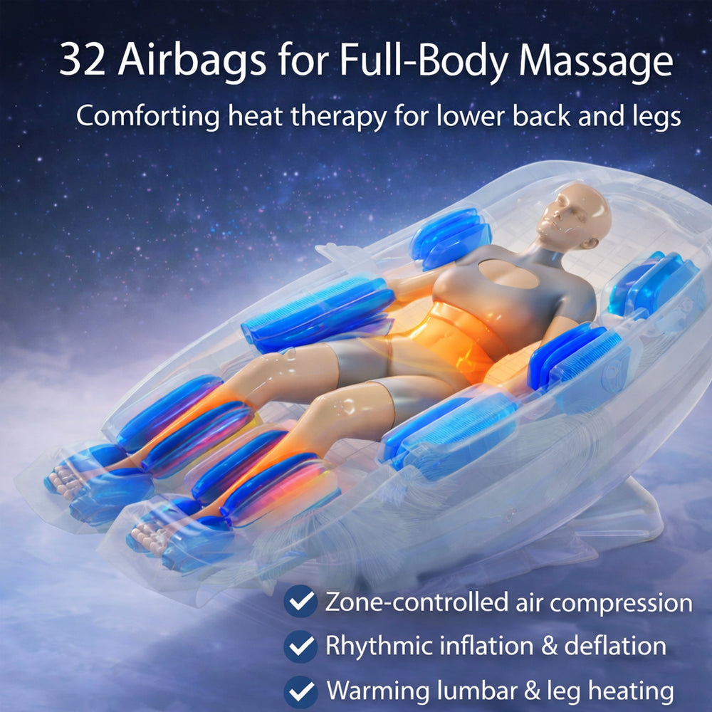 Massagestol 4D kropsscanning, Dual Zone Stretching, 32 airbags, varme i lænd/ben & Zero Gravity - Model 988A