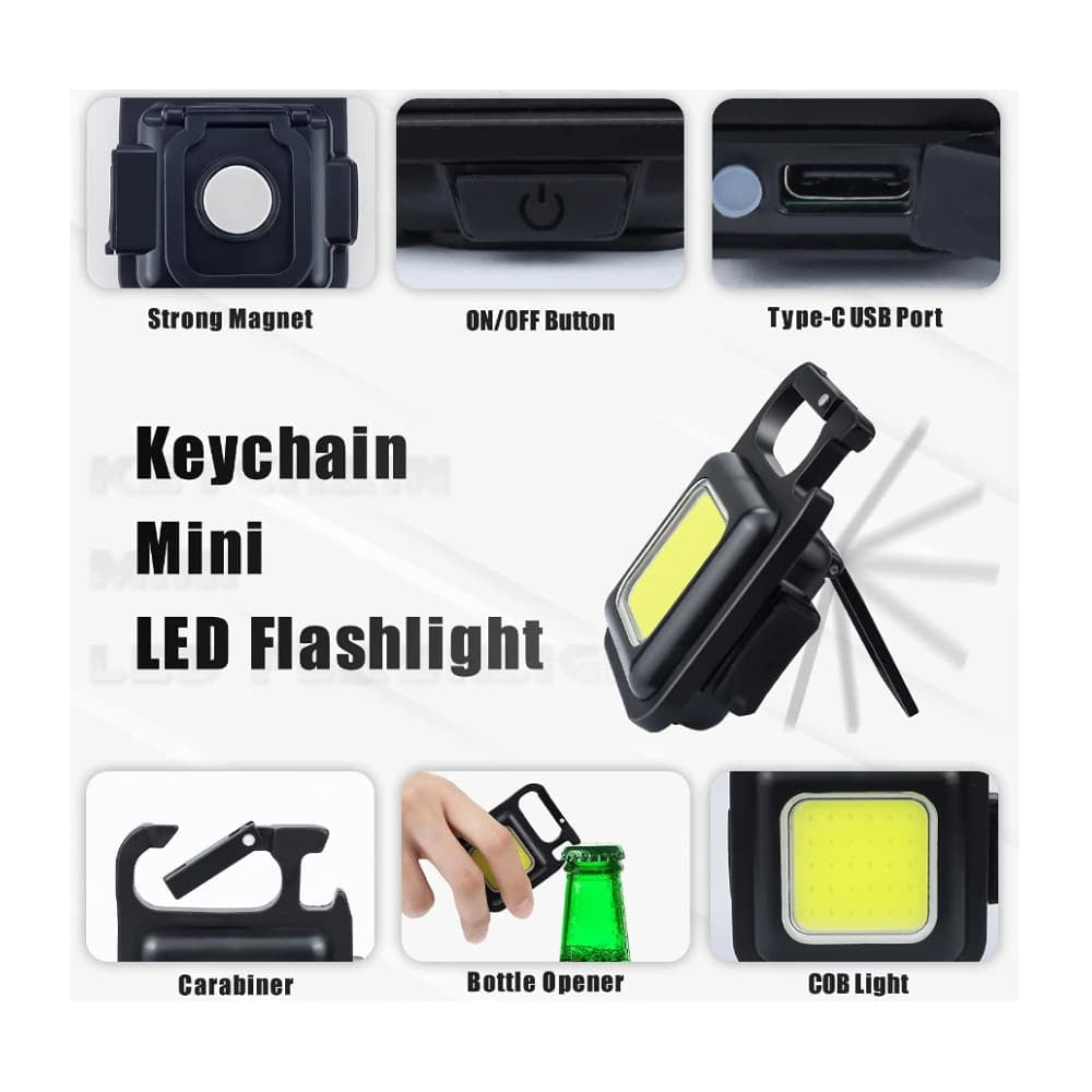 Nøglerings COB LED-lommelygte - genopladelig - 3 lys tilstande -