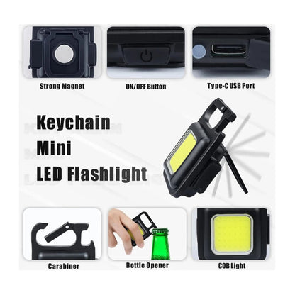 Nøglerings COB LED-lommelygte - genopladelig - 3 lys tilstande -