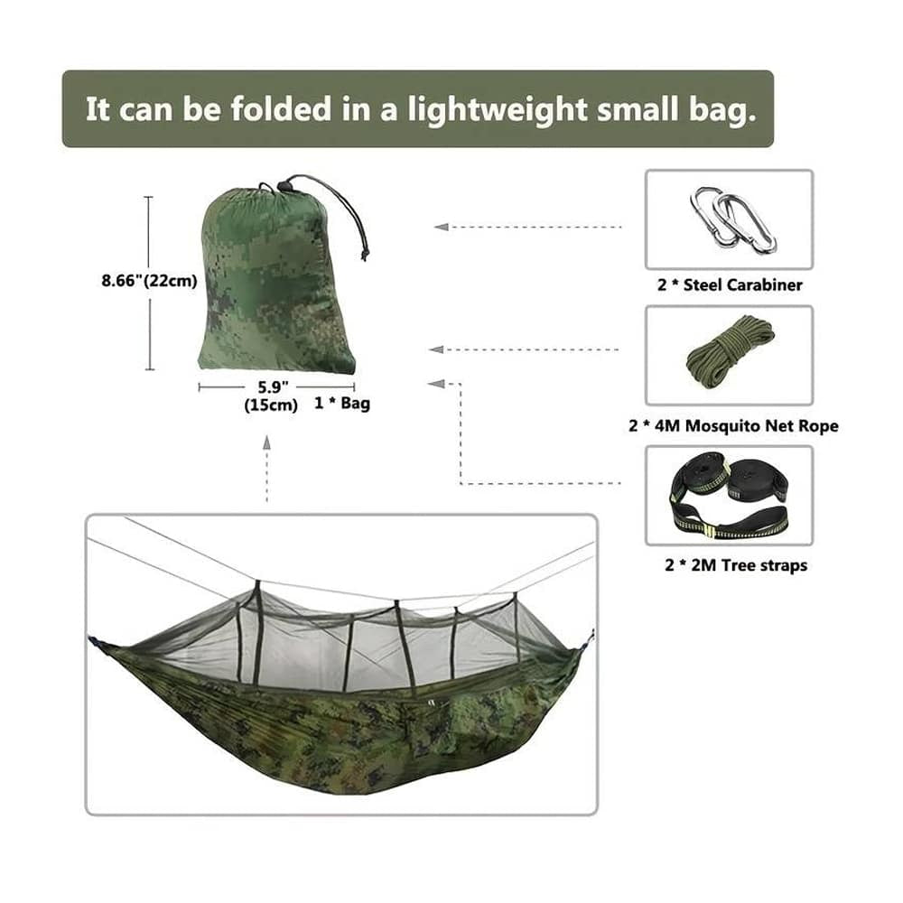 Hængekøje med myggenet (army, orange-grå, pink, grøn eller sort)