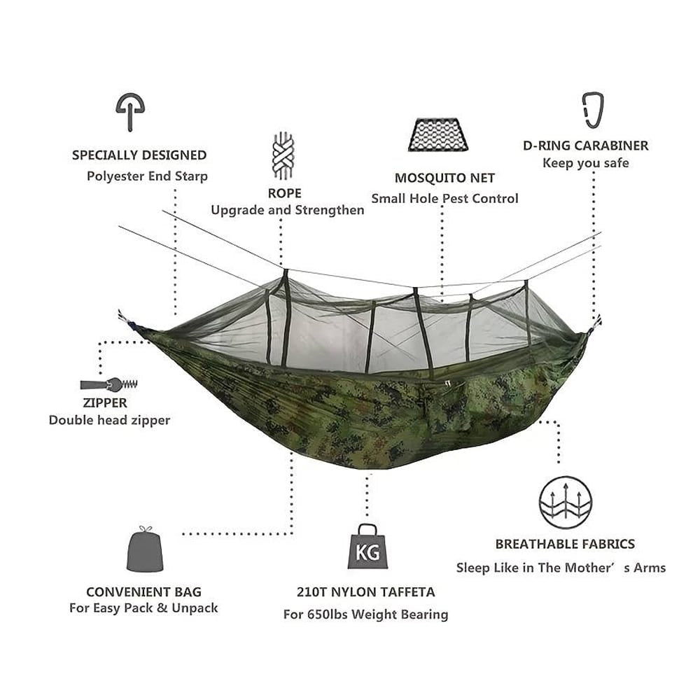 Hængekøje med myggenet (army, orange-grå, pink, grøn eller sort)