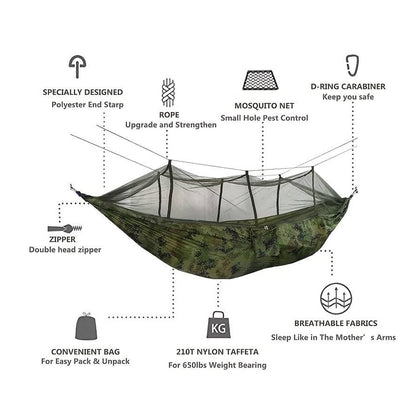 Hængekøje med myggenet (army, orange-grå, pink, grøn eller sort)