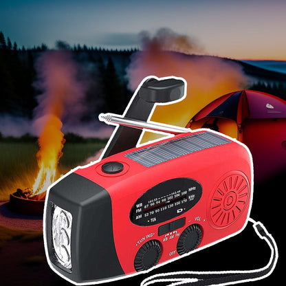 Nødradio FM/AM m/indbygget solceller, lygte, Powerbank & håndsving
