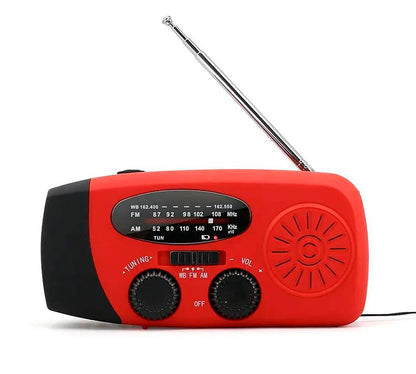 Nødradio FM/AM m/indbygget solceller, lygte, Powerbank & håndsving