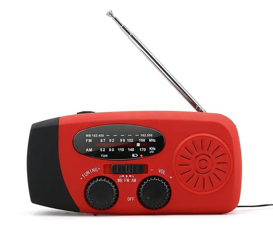 Nødradio FM/AM m/indbygget solceller, lygte, Powerbank & håndsving