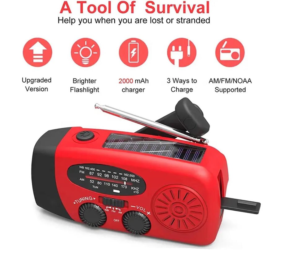 Nødradio FM/AM m/indbygget solceller, lygte, Powerbank & håndsving