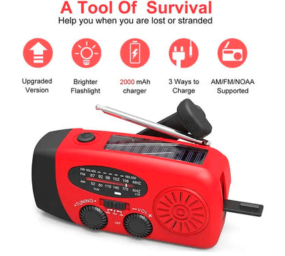 Nødradio FM/AM m/indbygget solceller, lygte, Powerbank & håndsving