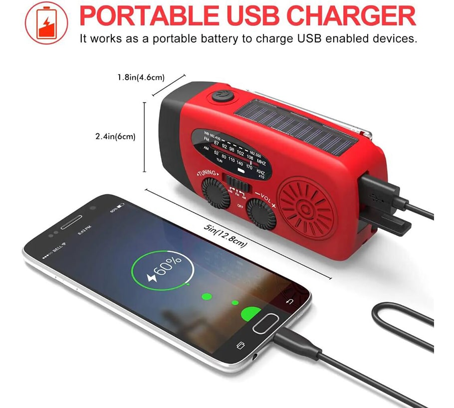 Nødradio FM/AM m/indbygget solceller, lygte, Powerbank & håndsving