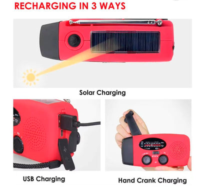 Nødradio FM/AM m/indbygget solceller, lygte, Powerbank & håndsving